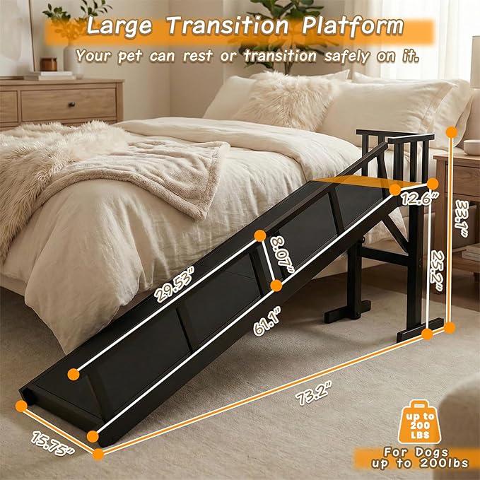 73" Dog Ramp for Bed,Birchwood Pet Ramp with Removable Side Rail and Non-Slip Surface, Pet Ramp for Small & Large Dogs with Rest Platform and DIY Glow Strips,Dog Stairs for Couch, Black