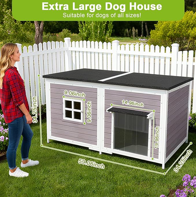 59" Outdoor Dog House with Insulated Liner, Extra Large Breed Dog Kennel, Keep Warm in Winter Outside, Easy to Install Heated Anti-Chewing Metal Frame Design for Small Medium Large Dogs