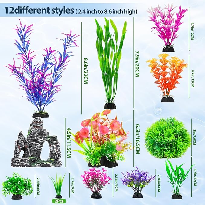 CousDUoBe 13Pcs Aquarium Plants Cave Rock Decor Set& Fish Tank Artificial PlasticPlants,Fish Tank Accessories Small Large Aquarium Decorations Kit