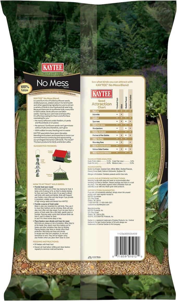 Kaytee Wild Bird No Mess Food Seed Blend For Blue Jays, Woodpeckers, Juncos, Cardinals, Grosbeaks, Sparrows, and Finches, 5 Pound