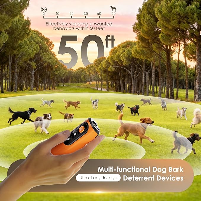 Dog Bark Deterrent Device & Anti Barking Device for Dogs, 50FT Ultrasonic Dog Trainer - Silent to Humans, Safe, Humane, Long-Lasting Rechargeable Orange Handheld with LED, Indoor/Outdoor