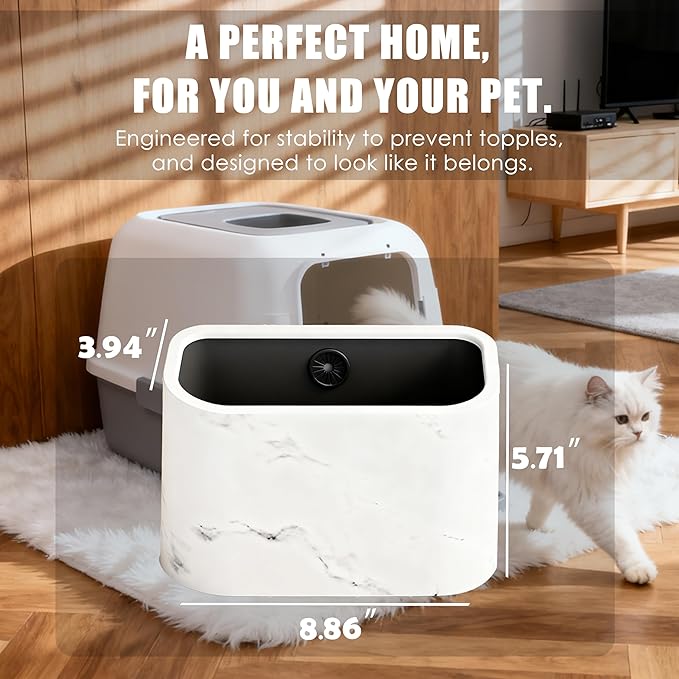 Cat Litter Scoop Holder – Universal Marble-Textured Scoop Caddy with Built-In Bag Dispenser & Wide-Mouth Bucket, Includes 4 Rolls Waste Bags & Removable Scoop Stand for Most Metal/Plastic Scoops