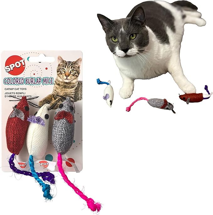 SPOT Burlap Mice Cat Toys, Interactive & Durable Catnip Toys for Indoor Cats & Kittens, Perfect for Hunting & Play, 3-Inch, Assorted Colors, 3 Pieces