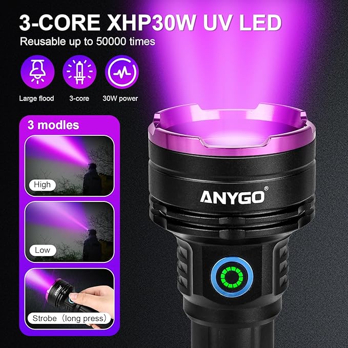 365nm Rechargeable UV Flashlight with Filter Lens, 30W Powerful Black Light, Ultraviolet UV Led Torch for Air Conditioner Leak Detection/Pet Urine Detection/Rocks Scorpion Hunting/Camping