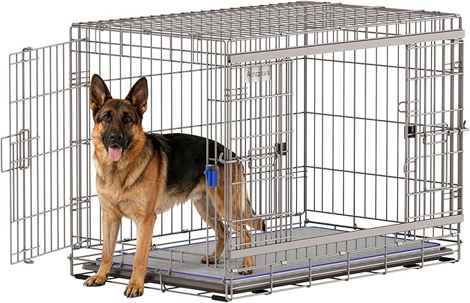 42 Inch Sliding Door Dog Crate - Heavy Duty Collapsible Dog Crates for Large Dogs (70-100lbs), Double Door Metal Dog Kennel Cage with Soft Mat, Leak-Proof Tray, Easy Foldable & Assembly