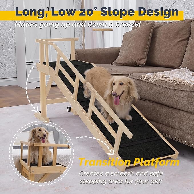 Dog Ramp for Bed or Couch, Wooden Pet Ramp with 20° Gentle Slope, Removable Side Rails, Non-Slip Surface, Top Platform & Wheels, Safe Bed Ramp for Small, Large & Senior Dogs, 60" Long, Natural