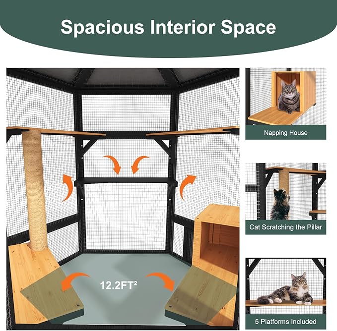 Catio Outdoor Cat Enclosure,Large Cat House Kitty Cage,Indoor Outdoor Cats Outside Patio for Cats with Window Access & Waterproof Roof, Multiple Platforms & Scratching Post, 65" Black