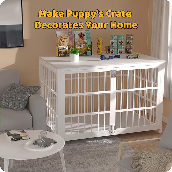 Heavy Duty Dog Crate Furniture – Indestructible Furniture Style Dog Kennel with Wooden Table Top, Escape-Proof Crate for High Anxiety Dogs, Decorative Indoor Pet House with Double Doors & Secure Locks