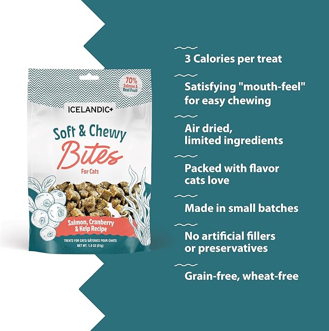 Icelandic+ Soft & Chewy Bites - Salmon, Cranberry & Kelp - 1.8oz Cat Treats, 70% Meat & Fruit, Air-Dried, Limited Ingredients, Pet Snack, Grain Free