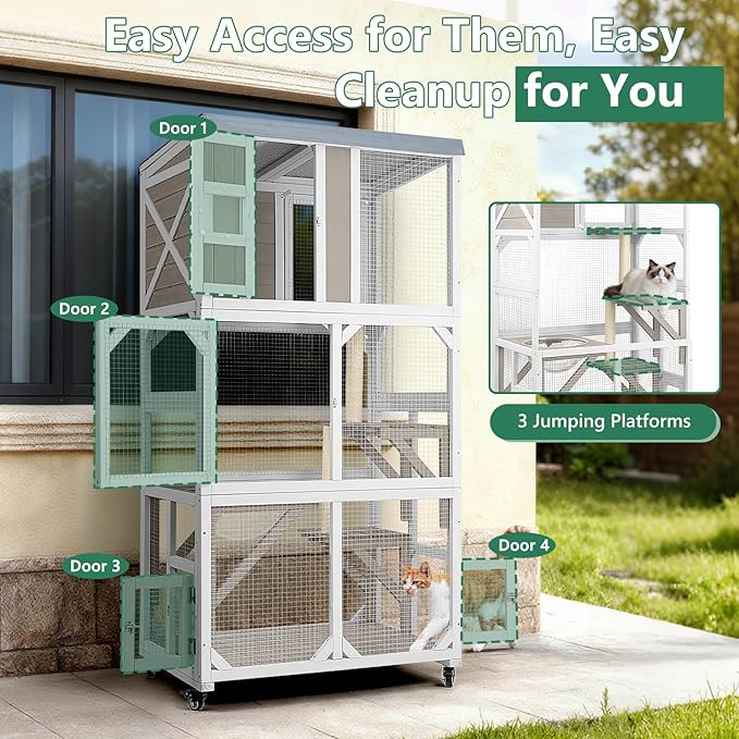 Catio Outdoor Cat Enclosure with Wheels & Weatherproof Roof, Large 63" Window Catio with 3 Platforms, Acrylic Dome, Portable Kitty House for Indoor Cats