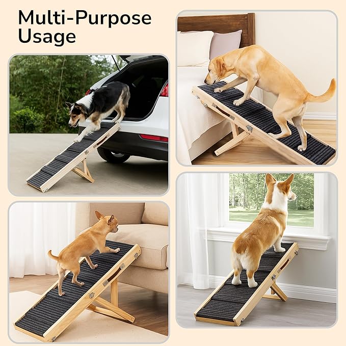 Upgraded 2026 Adjustable Dog Ramp 34.65" Foldable Pet Ramp with 5 Heights 13.6–21.5", Non-Slip Carpet & Leather Handle – Ramp for Bed, Couch & Sofa