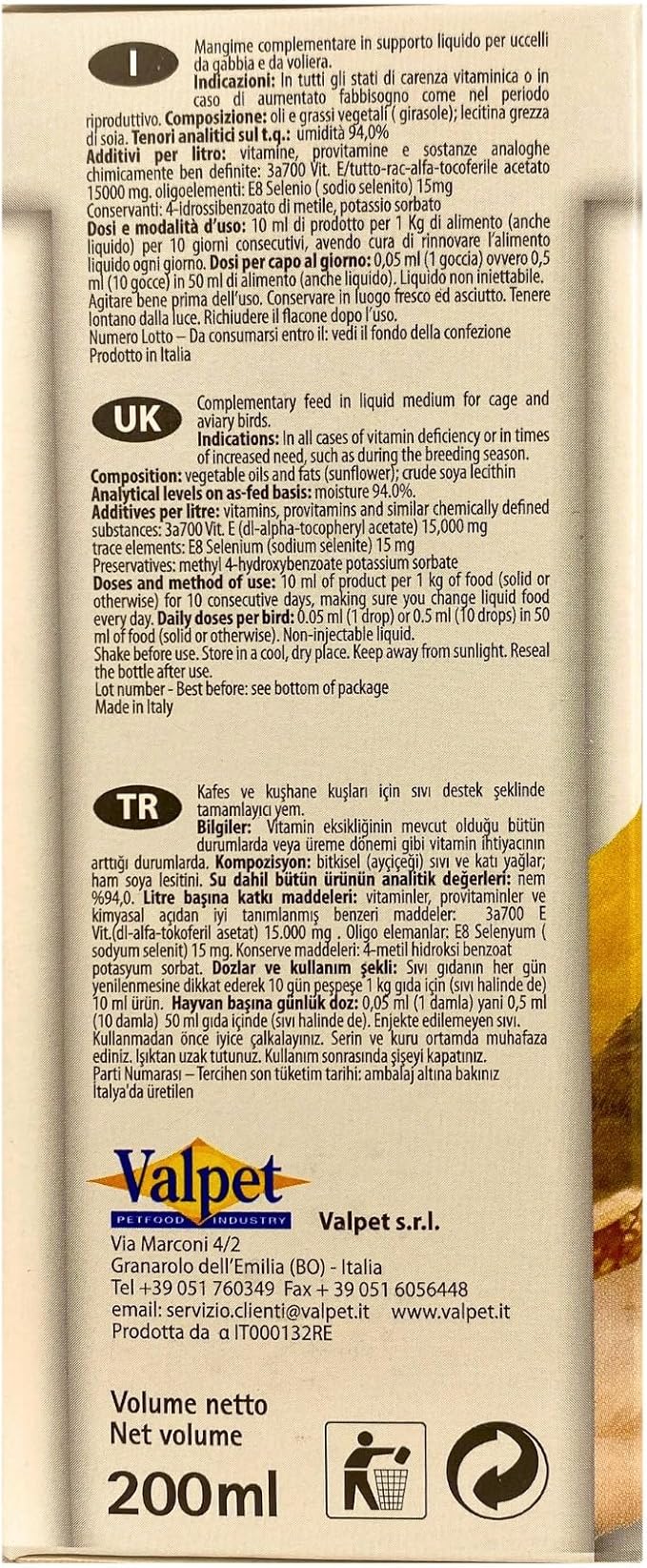 Raff Liquid Vitamin-E Supplement for Birds, Sunflower Oils and Fats, Raw Soy Lecithin, Vitamin for Birds, Accessories for Pigeons, Food for Canary, Fertility for Birds, Finch, breeding Bird.200ml
