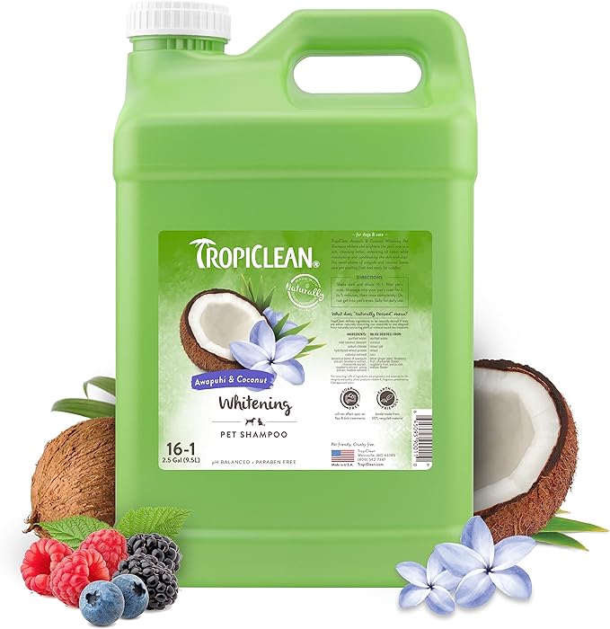 TropiClean Whitening Dog Shampoo, Professional Dog Shampoo, Whitening & Brightening, For All Coat & Color Types, Puppy Safe, Made in USA, 2.5 Gallon