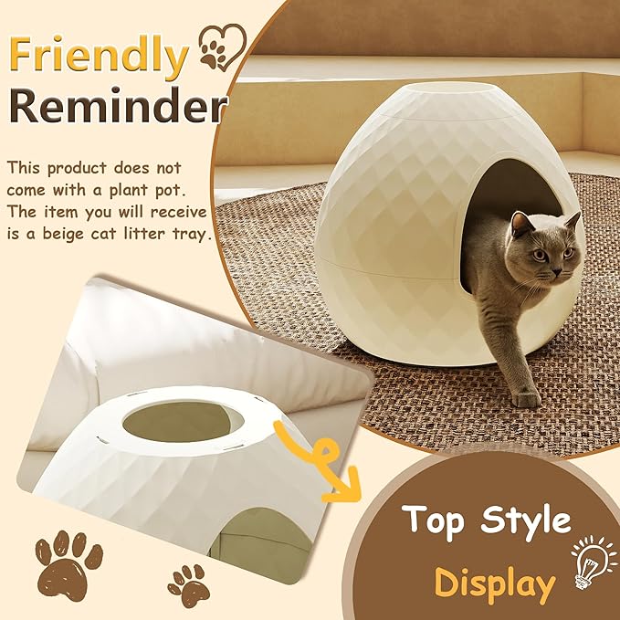 VIXZEN Cat Litter Box Enclosure - Hidden Litter Box with Removable Planter Top, Egg-Shaped Resin Design, Tool-Free Quick Assembly, Spacious Interior, Ideal for Indoor Use (White)