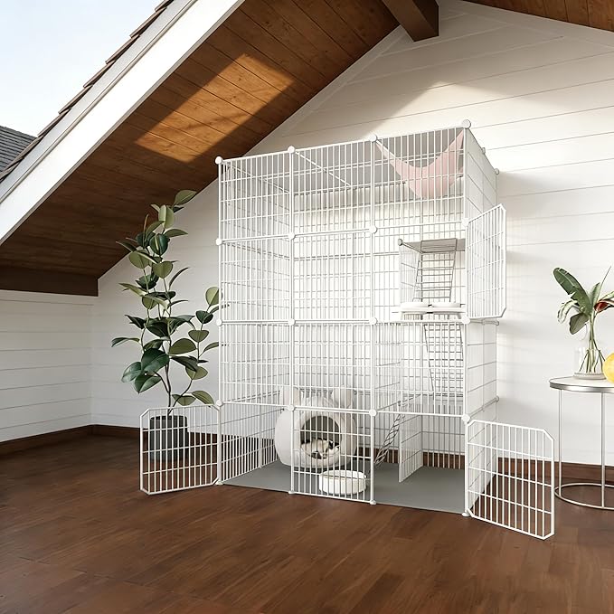 Large 4-Tier Cat Cage Indoor, DIY Cat Enclosures Detachable Metal Wire, Indoor Cat Crate Exercise Place Ideal for Kitty, Small Animals (White, 41" L x 28" W x 55" H, 7)