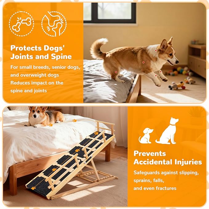COSIEST Dog ramp for Bed and Couch, Wooden Pet Ramp Folding Portable for Couch and Bed, 64.5 Inch Long and Height Adjustable Dog ramp with Anti-Slip Grip & Safety Rails, Up to 200lbs, Wood