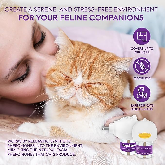 TopSum Cat Pheromones Calming Diffuser: Premium Pheromone Diffuser for Cats - Cat Pheromones Diffuser - Cat Calming Diffuser - Cat Calming Pheromone Diffuser (4 Refills Original)