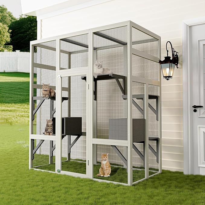 70" Large Outdoor Catio Cat Enclosure, Wood Cat Patio with Waterproof UV-Resistant Roof, Cats Shelter with 5 Platforms and 2 Resting Box, and Secure Rust-Proof Wire for Backyard or Patio
