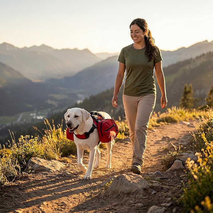 Dog Backpack for Day Hiking, Lightweight 2-in-1 Detachable Saddle Bag with Breathable Harness Vest, No-Flop Dog Daypack for Medium & Large Dogs to Carry Essentials (Medium)