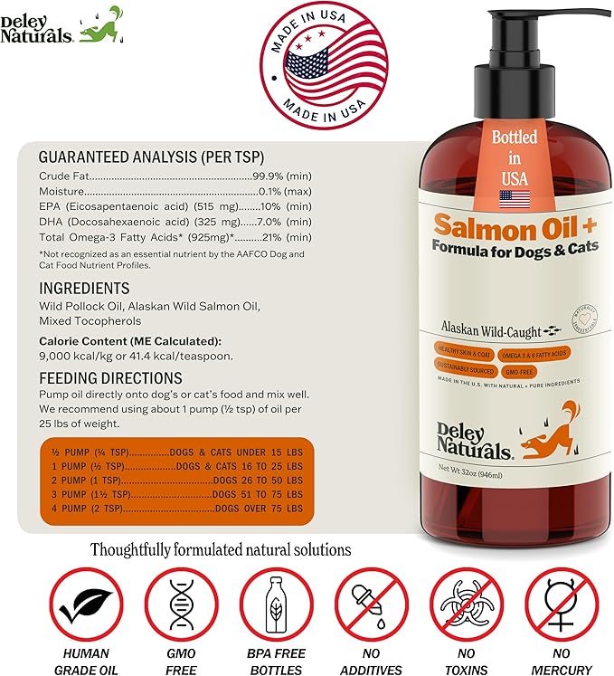Deley Naturals Wild Alaskan Salmon Oil for Dogs & Cats - New and Improved Salmon Oil Plus Formula - Fish Oil for Dogs with Omega 3, DHA and EPA - Omega 3 for Healthy Skin and Coat - 32oz Made in USA