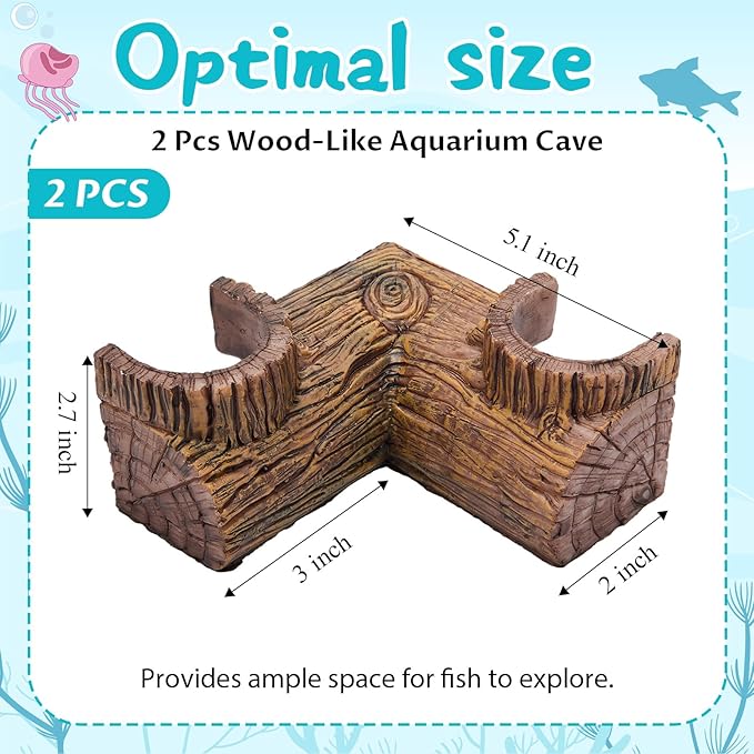 2 Pcs Aquarium Underground Tunnel Cave Wood Like, 5.1 x 2 x 2.7 Inch Fish Hideout for Aquarium, Decoration for Guppy, Corydoras Catfish, Loaches, Corydora Catfish Bettas Pleco and Shrimps