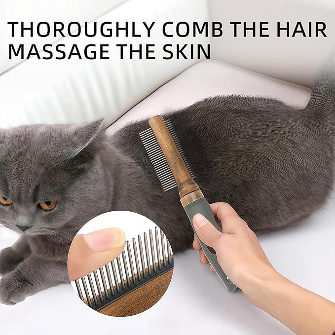 HOP Double-sided Grooming Comb,Dematting Comb for Long Hair and Sick Hair Dog&Cat, Stainless Steel Teeth with Wooden Handle,Loose Fur Removal and Remove Tangles and Knots