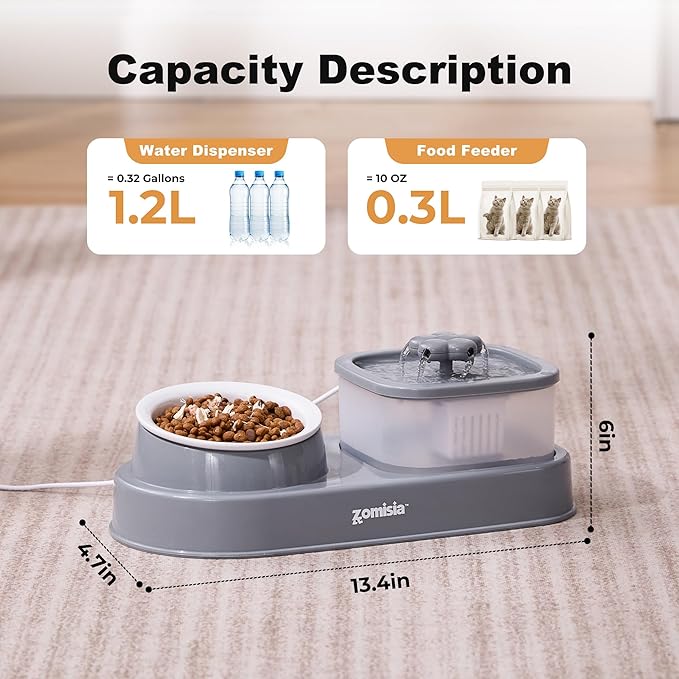 Cat Water Fountain and 1 Ceramic Food Bowl - 2 in 1 Ultra Quiet Automatic Pet Food and Water Bowl Set for Kitty, Gray (No Adapter)