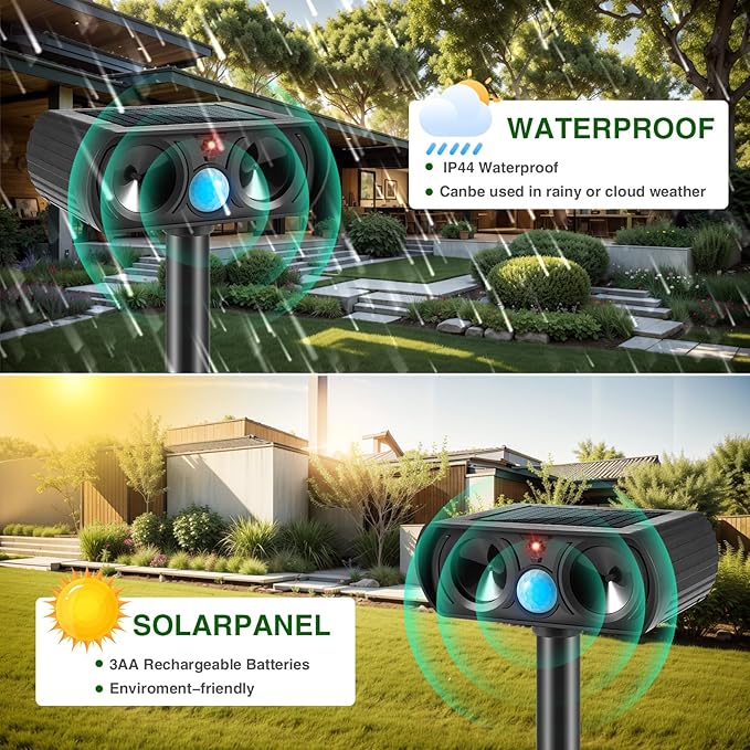 2026 Cat Repellent Outdoor Solar Ultrasonic Animal Repellent Outdoor with Motion Activated Cat Deterrent to Scare Deer Squirrel Rabbit Raccoon Skunk Repellent for Yard Lawn Garden(2Pack)