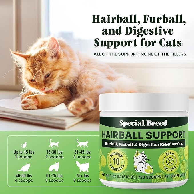 Special Breed Hairball Support for Cats - 10 Super Ingredients for Hairball Relief, Digestive Support & Healthy Skin - No Fillers - Psyllium, Pumpkin, Omega-3s & More - 720 Scoops