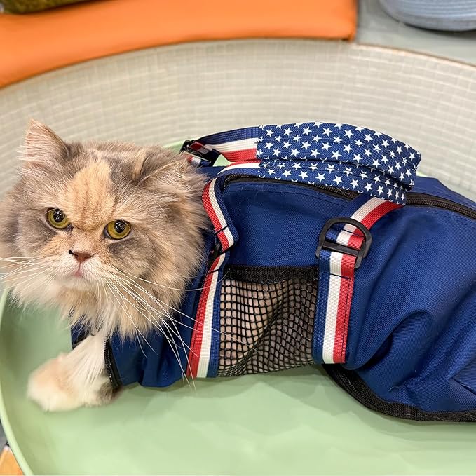 Cinf Cat Nail Clipping Cleaning Grooming Restraint Bag （Free Muzzle） No Scratching Biting for Bathing Nail Trimming Injecting Examining((Blue USA Flag,M)