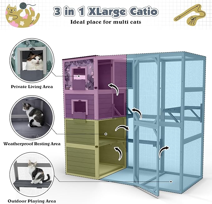 Outdoor Cat Enclosure, 4-Tier Large Cat Catio with Weatherproof Roof, 2 Resting Rooms, 2 Platforms, Walk in Cat Cage Cat House Indoor, Grey, w/Painted Panel