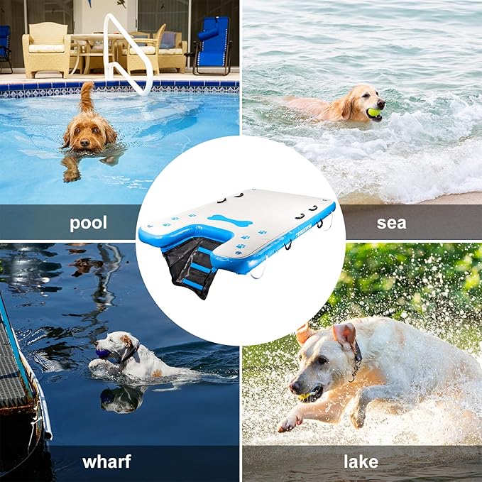 96" x 60" Inflatable Floating Dock & Dog Boat Ramp Heavy Duty, Upgraded 700 LBS Load Capacity, 8in Thickened Pool Ramp, Non-Slip & Puncture-Resistant Surface, for Pools, Lakes, Beaches