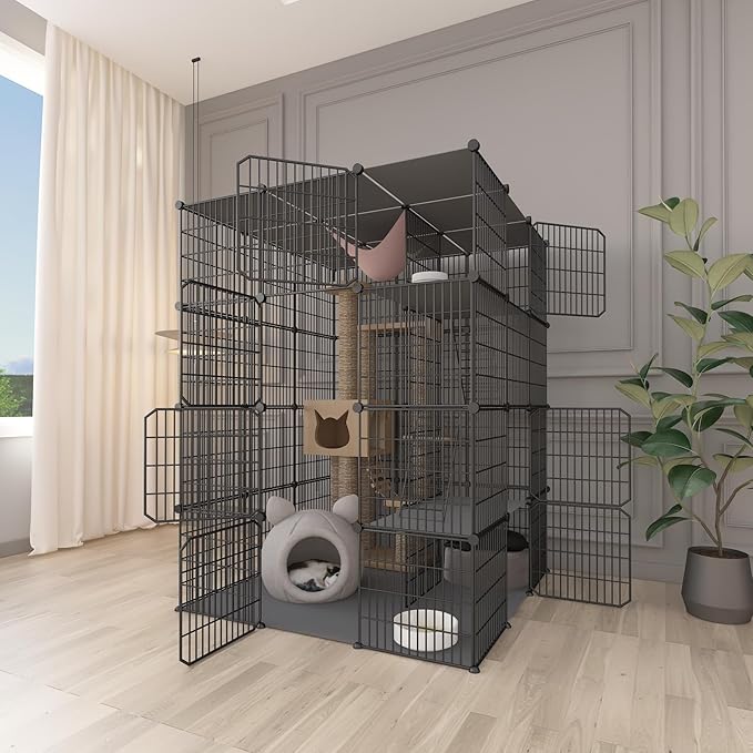 Large 4-Tier Cat Cage Indoor, DIY Cat Enclosures Detachable Metal Wire, Indoor Cat Crate Exercise Place Ideal for Kitty, Small Animals (Black, 41.3" L x 41.3" W x 55" H, 1)
