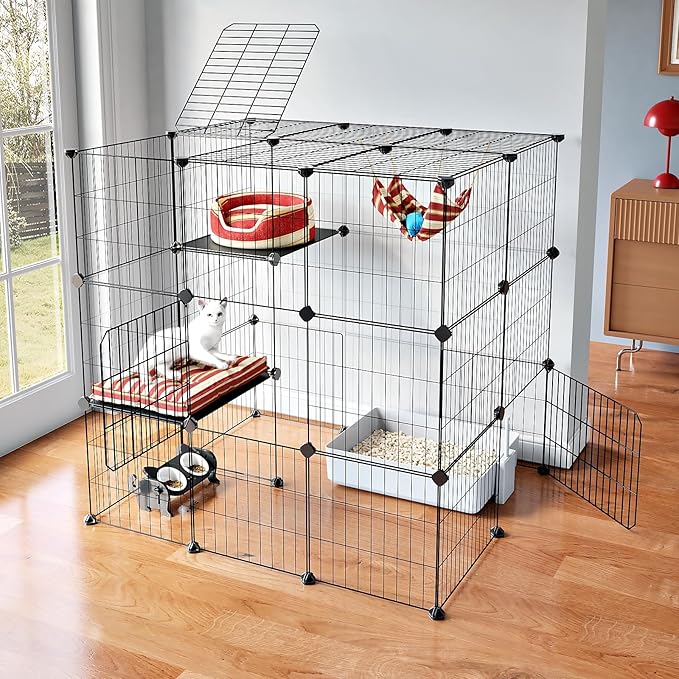 Oneluck 3-Tier Cat Cages Indoor Enclosure DIY Cat Playpen Catio Detachable Metal Wire Kennels Cats Crate Large Extra Exercise Place Ideal for 1 Cat,35.4 Inches