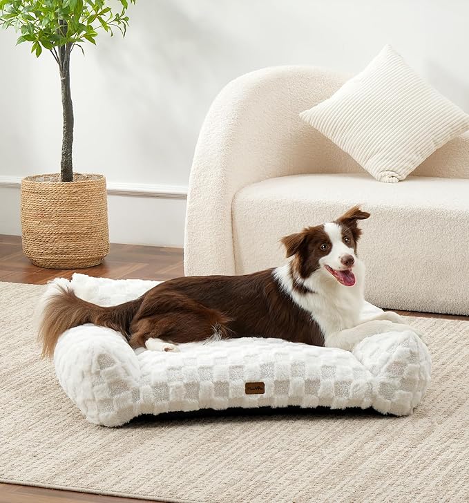 Made4Pets Dog Couch Bed, Soft Faux Fur Checkered Indoor Pet Sofa, Comfortable Fluffy Dog Sofa with Supportive Foam, Removable Washable Cover with Non-Slip Base, White, Large