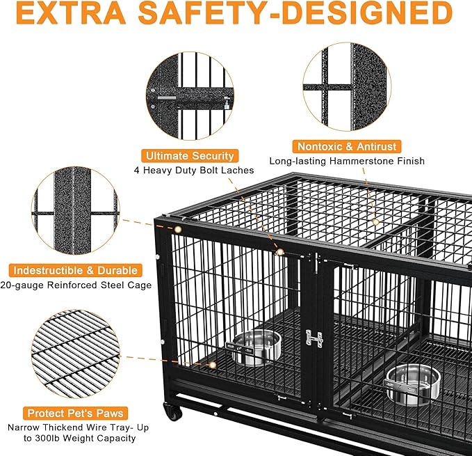 43 inch Heavy Duty Dog Crate for Large Dogs, Stackable Dog Kennels and Metal Wire Cages with Feeding Bowls, Leak-Proof Pans, Removable Wire Trays and Divider, Extra Large XL XXL