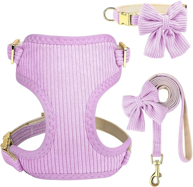 Didog Cute Small Dog Harness Collar and Leash Set with Bowtie, Breathable Soft Mesh Padded Puppy Harness, Dog Harness for Small Dogs Daily Walks Parties, Holiday Gatherings & Gifts, Purple, M