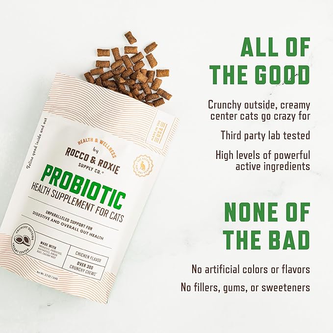 Rocco & Roxie Cat Probiotics, Health Supplement for Cats, Prebiotic & Postbiotic for Digestive + Gut Support, Constipation Relief, Anti Diarrhea, Supplements & Vitamins, Chicken Flavored Crunchy Chews