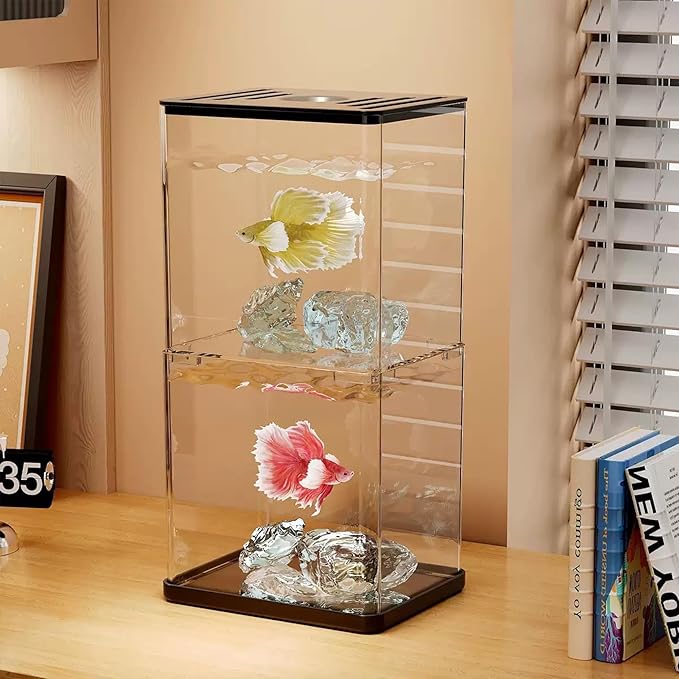 Small Betta Fish Tank, 2-Pack 0.3 Gallon Mini Aquarium with Adjustable Base Light & Gravels & Resin Crystal, Acrylic Fish Bowl for Desk Homes or Offices, Ideal for Beta Fish,Goldfish (Black - 2 Pack)
