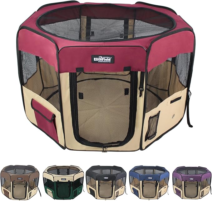 EliteField 2-Door Soft Pet Playpen (2 Year Warranty), Exercise Pen, Multiple Sizes and Colors Available for Dogs, Cats and Other Pets (48" x 48" x 32"H, Maroon+Beige)