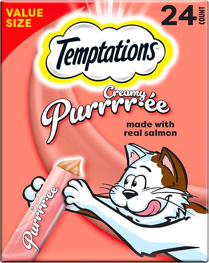 Temptations Creamy Puree Squeezable Lickable Cat Treats, Wet Cat Treats with Salmon, 0.42 oz. Tubes, 24 Count