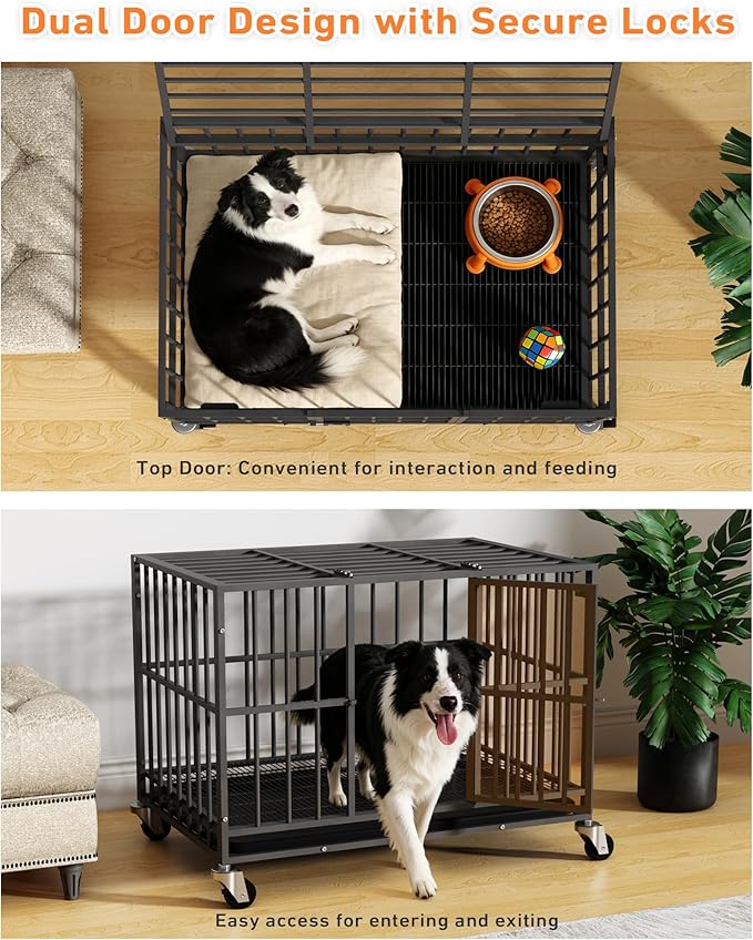 38 inch Heavy Duty Dog Crate with Dual Doors and Lockable Wheels, Large Dog Kennel Indoor, Removable Tray for Easy Cleaning, Dog Cage for Medium to Large Breeds and Anxious Dogs