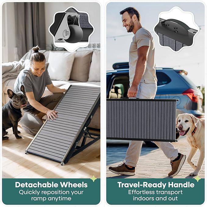 2-in-1 Metal Dog Ramp/Stairs, Dog Ramp for Bed, Couch and Car, Nonslip Carpet, Wheels, up to 250lbs, Outdoor Indoor, (40" Lx17 W) 19" to 25" Adjustable Height, for Small Medium Large Pets