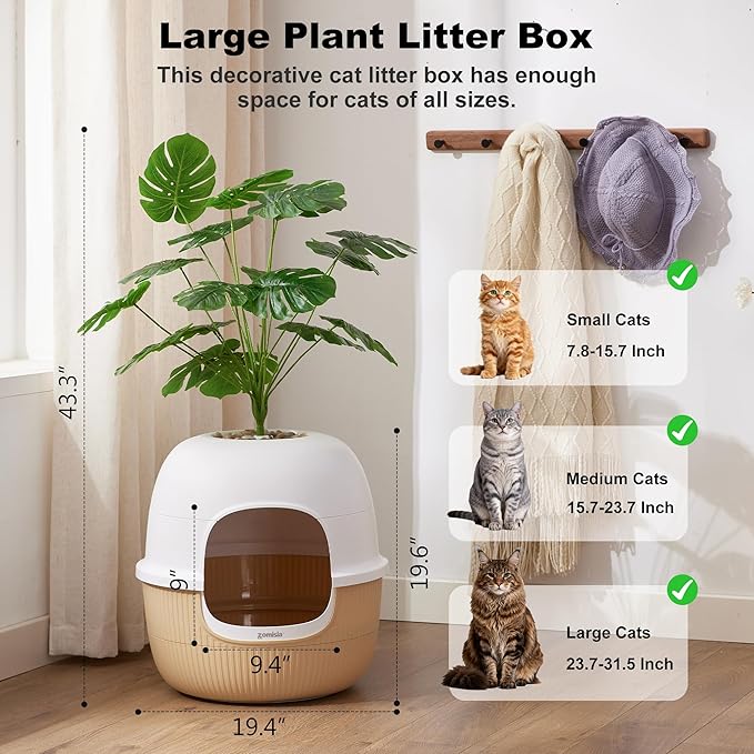 Hidden Cat Litter Box with Faux Plant, Odor Control Litter Box Enclosure Furniture with Artificial Planter and Scoop, Easy to Assemble and Clean, White & Khaki