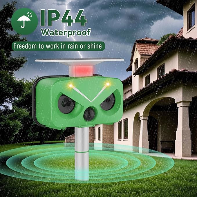 Solar Ultrasonic Animal Repellent, Waterproof Cat Deterrent Outdoor with LED Flashing Repel for Cats, Dogs, Deer, Rabbits, Squirrels, Skunks, Raccoons, etc.