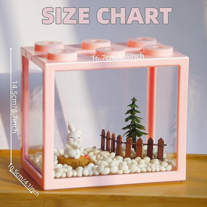 Small Betta Fish Tank, Stackable Mini Aquarium Tank Kit with Aquarium Gravel & Forest Micro Landscape, 0.6 Gallon Acrylic Cube Fish Bowl for Sea Monkeys Shrimp Snails (Pink)