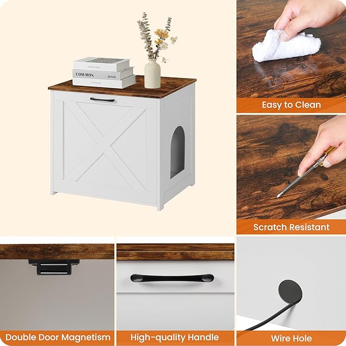 Dwanton Cat Litter Box Furniture Hidden, Cat Litter Box Enclosure, Reversible Entrance Can Be on Left or Right Side, Indoor Cabinet, Wooden Washroom, End Table, White and Rustic Brown, 23.6" L