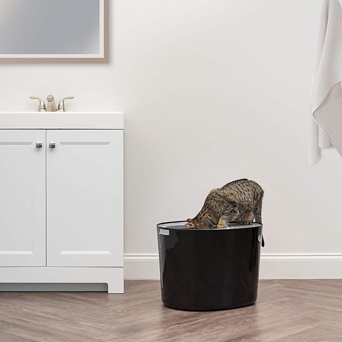 IRIS USA Large Top Entry Cat Litter Box with Lid Enclosed Covered Hooded Design Litter Catching Scatter Shield Pan Dog Proof Pet Proof Scoop Included Odor Control for Indoor Cats Kittens, Black/Gray