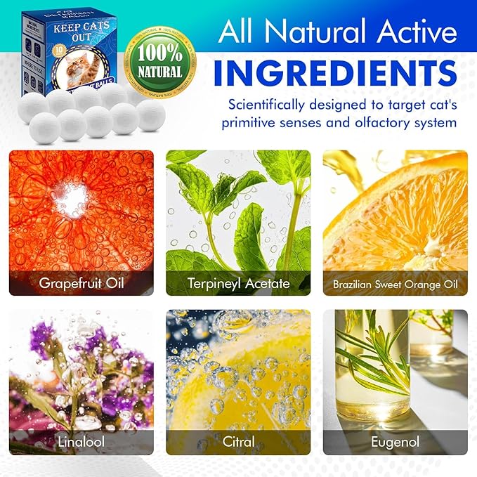 Cat Deterrent Outdoor & Indoor: 10Pack 100% Natural Cat Repellent Essential Oils Ball, Keep Cats Off Lawn, Yard, Plants, Garden, Mulch & Flower Permanently Against Scratch Chew, Keep Cats Away (10Pcs)