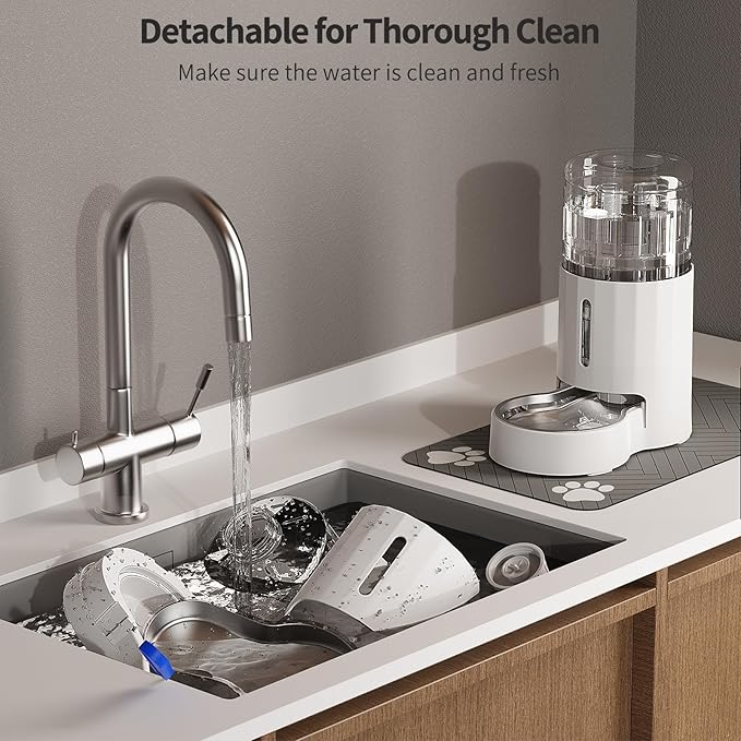 Cat Water Dispenser with Placemat and Stainless Steel Bowl, Automatic Gravity Water Dispenser for Cats or Small Medium Size Dogs, Large Capacity, Easy to Clean and Safe for Pets (4L White)